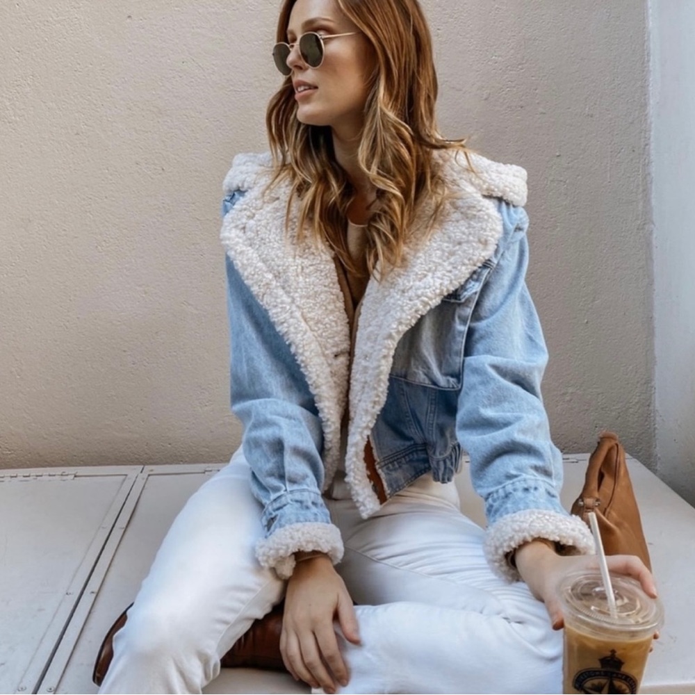 Free People Perry Sherpa Lined Jacket, black denim, size small